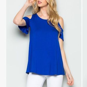 Royal Blue Shoulder-Cutout Short Ruffle-Sleeve Top, M